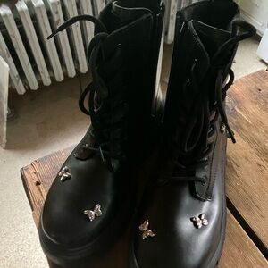 Black Combat Boots with Butterfly Accents